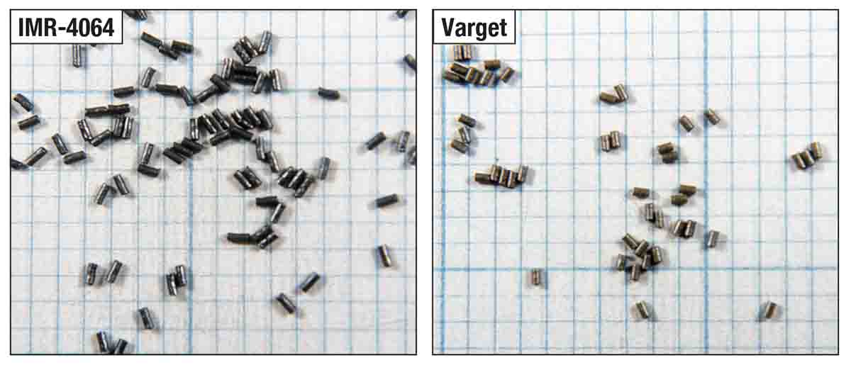 IMR-4064 and Varget are extruded single-base powders, but Varget’s shorter, fatter dimensions provide a higher density.